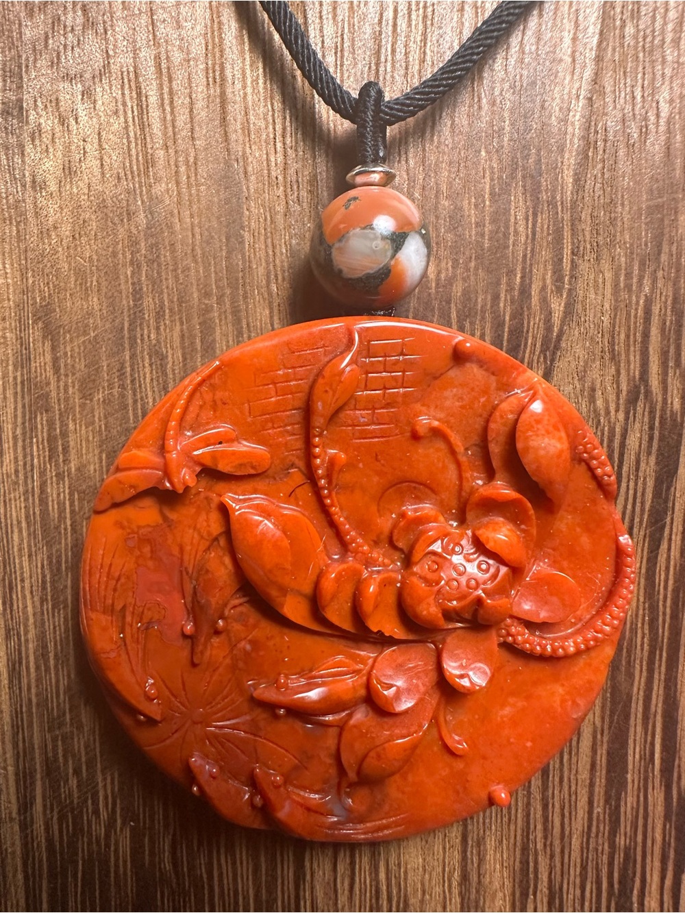 Large Round Red Agate Lotus and Dragonfly Pendant Necklace on Black Rope - Picture 10 of 13